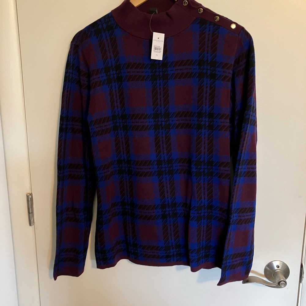 NWT: Ann Taylor Factory XL Turtleneck Sweater - Burgundy & Blue Plaid